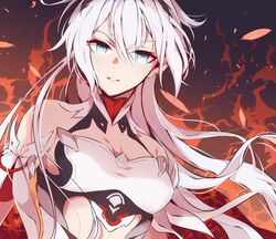  aer007580 bad_id bad_pixiv_id blue_eyes breasts dutch_angle earrings female fire hair_between_eyes honkai_(series) honkai_impact_3rd jewelry kiana_kaslana kiana_kaslana_(herrscher_of_flamescion) long_hair looking_at_viewer medium_breasts midriff parted_lips single_earring smile solo white_hair 