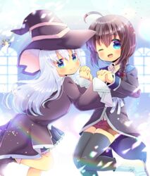  2girls ;d ahoge black_footwear black_headwear black_robe black_skirt black_thighhighs blue_eyes blush boots bow braid brown_hair closed_mouth collared_shirt commentary_request cosplay dress_shirt elaina_(majo_no_tabitabi) elaina_(majo_no_tabitabi)_(cosplay) frilled_skirt frills hair_between_eyes hairbow hat hibiki_(kancolle) holding_hands interlocked_fingers kantai_collection kou_hiyoyo long_sleeves looking_at_viewer majo_no_tabitabi multiple_girls one_eye_closed open_clothes open_mouth open_robe parted_lips pleated_skirt red_bow red_shorts robe saya_(majo_no_tabitabi) saya_(majo_no_tabitabi)_(cosplay) shigure_(kancolle) shirt short_shorts shorts single_braid skirt smile thighhighs thighhighs_under_boots white_footwear white_hair white_shirt wide_sleeves window witch_hat 