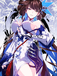  aer007580 alternate_hairstyle bad_id bad_pixiv_id bare_shoulders breasts brown_hair china_dress chinese_clothes cowboy_shot detached_sleeves dress female grin hair_bun head_tilt highres honkai_(series) honkai_impact_3rd inkblot large_breasts li_sushang li_sushang_(jade_knight) looking_at_viewer short_dress sideboob smile solo teeth v white_dress yellow_eyes 