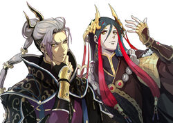  2boys absurdres black_hair chinese_clothes commentary crown fingerless_gloves gloves grey_hair hair_ornament hand_on_own_chin highres imari jewelry long_hair looking_at_viewer lou_zhenjie_(thunderbolt_fantasy) multiple_boys ponytail thunderbolt_fantasy veraqueen wan_jun_po xiao_guan_(headdress) yellow_eyes 