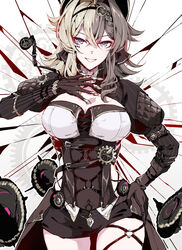  aer007580 bad_id bad_pixiv_id black_shorts braid breasts brown_shirt cleavage cowboy_shot crossed_bangs female gears gloves grey_eyes grin hair_between_eyes hair_intakes hair_ornament hand_on_own_chest hand_on_own_hip hat headband highres honkai_(series) honkai_impact_3rd jacket juliet_sleeves large_breasts long_sleeves medium_hair pink_pupils puffy_sleeves shirt short_shorts shorts smile solo standing steampunk teeth vill-v 