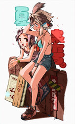  2girls :d absurdres alternate_costume animal_ears antenna_hair appleq arm_support arm_up bare_arms bare_legs bare_shoulders beaver_ears belt bikini bikini_top_only bird_tail bra_strap breasts brown_hair camisole cleavage commentary_request contemporary elbow_rest eurasian_beaver_(kemono_friends) extra_ears fence full_body greater_roadrunner_(kemono_friends) grey_hair hair_ornament hair_tubes hairclip highres kemono_friends kemono_friends_2 leaning_forward looking_at_another medium_hair multicolored_hair multiple_girls open_mouth own_hands_together parted_lips red_eyes shoes shorts sidelocks sitting sitting_on_fence small_breasts smile stomach swimsuit tail watch wind wooden_fence wristwatch 