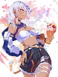  aer007580 alternate_costume bad_id bad_pixiv_id belt black_shorts breasts carole_peppers cherry chewing_gum cowboy_shot cup dark-skinned_female dark_skin detached_sleeves drinking_straw earrings female food fruit hand_on_own_hip highres holding holding_cup honkai_(series) honkai_impact_3rd jewelry long_hair long_sleeves looking_to_the_side medium_breasts midriff orange_eyes shorts solo strapless thigh_strap tube_top white_hair white_tube_top 