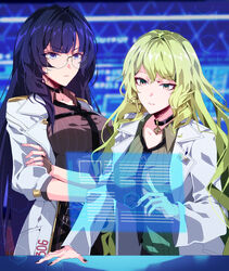  2girls aer007580 bad_id bad_pixiv_id blue_eyes blue_hair breasts brown_eyes choker crossed_arms fingerless_gloves glasses gloves green_hair grey_shirt highres holographic_interface holographic_touchscreen honkai_(series) honkai_impact_3rd indoors lab_coat large_breasts long_hair long_sleeves mei_(honkai_impact) mobius_(honkai_impact) multiple_girls nail_polish necktie parted_lips round_eyewear shirt striped_clothes striped_shirt wavy_hair 