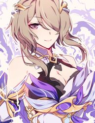  aer007580 bad_id bad_pixiv_id bare_shoulders breasts brown_hair cleavage female hair_ornament hair_over_one_eye highres honkai_(series) honkai_impact_3rd large_breasts looking_at_viewer mole mole_under_eye purple_eyes rita_rossweisse rita_rossweisse_(spina_astera) smile solo 