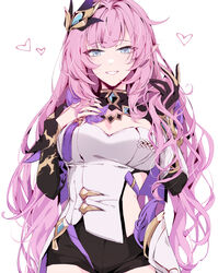  aer007580 alternate_hairstyle bad_id bad_pixiv_id blue_eyes breasts curly_hair elbow_gloves elysia_(honkai_impact) elysia_(miss_pink_elf)_(honkai_impact) female gloves grin hair_ornament heart highres honkai_(series) honkai_impact_3rd jewelry long_hair looking_at_viewer necklace pink_hair pointy_ears shorts simple_background smile solo teeth upper_body white_background 