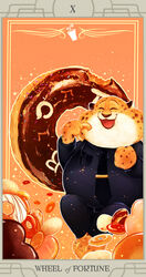  2016 anthro art_nouveau benjamin_clawhauser card card_template cheetah clothed clothing countershading dbwoqjq123 disney eating english_text felid feline food fortune_telling fully_clothed fur hi_res holding_food holding_object liego major_arcana male mammal markings roman_numeral solo spots spotted_body spotted_fur tarot tarot_card text wheel_of_fortune_(tarot) yellow_body yellow_fur zootopia 