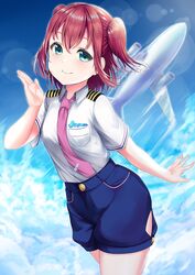  aircraft airplane blue_eyes blue_shorts closed_mouth commentary_request cowboy_shot female hair_between_eyes highres kurosawa_ruby lens_flare looking_at_viewer love_live! love_live!_sunshine!! necktie pilot_uniform pink_necktie rama_(yu-light8) red_hair shirt short_hair short_shorts short_sleeves short_twintails shorts smile solo standing twintails uniform white_shirt 