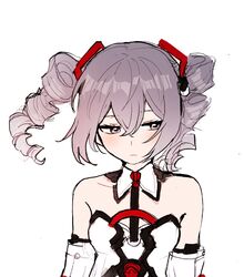  5rwpvc absurdres bare_shoulders bronya_zaychik bronya_zaychik_(drive_kometa) bronya_zaychik_(yamabuki_armor) closed_mouth collarbone dress drill_hair eyebrows_hidden_by_hair female grey_eyes grey_hair hair_between_eyes highres honkai_(series) honkai_impact_3rd looking_to_the_side simple_background solo twin_drills twintails upper_body white_background white_dress 