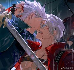  2boys belt_bra black_gloves blood blood_from_mouth blood_on_face blue_coat blue_eyes brothers closed_mouth coat dante_(devil_may_cry) devil_may_cry_(series) devil_may_cry_3 fangs fingerless_gloves glint gloves hair_slicked_back highres holding holding_weapon jewelry katana looking_at_another multiple_boys necklace oerba_yun_fang shiniesk siblings sword vergil_(devil_may_cry) weapon weibo_logo weibo_watermark white_hair yamato_(sword) 