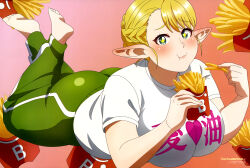  absurdres barefoot blonde_hair blue_eyes blush braid breasts closed_mouth eating elf elf-san_wa_yaserarenai. elfuda_(elf-san_wa_yaserarenai.) feet feet_up female food french_fries gradient_background green_pants highres large_breasts looking_at_viewer lying magazine_scan newtype official_art on_stomach pants plump pointy_ears scan shirt short_sleeves solo star-shaped_pupils star_(symbol) sweatpants symbol-shaped_pupils t-shirt the_pose toes white_shirt 