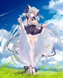  absurdres alternate_costume animal_band animal_ears apron ascot azur_lane blush breasts cheshire_(azur_lane) cheshire_(azur_lane)_(cosplay) cleavage commission cosplay detached_sleeves dress enmaided fake_animal_ears female frilled_hairband frilled_ribbon frills garter_belt garter_straps grass grey_hair hair_between_eyes hairband highres lace-trimmed_thighhighs landscape large_breasts long_hair long_ribbon looking_at_viewer maid maid_headdress mikuchi3939 mountain nature outdoors pixiv_commission puffy_detached_sleeves puffy_sleeves purple_apron purple_ascot red_eyes ribbon scenery sky solo sovetskaya_rossiya_(azur_lane) thighhighs tree very_long_hair white_garter_belt white_garter_straps white_hair white_thighhighs wrist_cuffs 