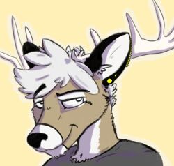  anthro antlers brown_body brown_fur bucklebunny closed_smile clothed clothing deer ear_piercing fur grey_clothing grey_topwear hair horn looking_at_viewer male mammal mouth_closed narrowed_eyes piercing smile solo topwear white_antlers white_body white_fur white_hair 