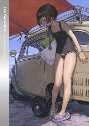  bag beach black_one-piece_swimsuit bob_cut bottle bracelet breasts brown_hair buttons car collarbone day female flower_bracelet jewelry leaning_forward looking_to_the_side motor_vehicle murata_range one-piece_swimsuit open_mouth original outdoors rear-view_mirror school_swimsuit short_hair slippers small_breasts smile solo swimsuit three-wheeler tote_bag towel 