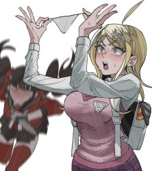  2girls :o ahoge akamatsu_kaede arms_up backpack bag blush breasts brown_hair danganronpa_(series) danganronpa_v3:_killing_harmony female_pervert grey_bag grey_panties grey_shirt ha_(user_efmy3542) hair_ornament hair_scrunchie hands_up harukawa_maki highres holding holding_knife holding_panties holding_underwear holding_unworn_clothes knife large_breasts long_sleeves miniskirt multiple_girls musical_note musical_note_hair_ornament panties pervert pink_sweater_vest red_scrunchie red_shirt red_thighhighs scrunchie shirt skirt sweat sweater_vest thighhighs twintails underwear 