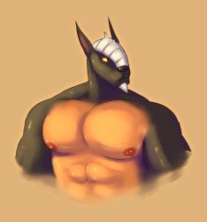  abs anthro big_pecs black_body black_fur bone canid canid_demon canine demon fur glowing glowing_eyes hellhound hi_res himerosthegod male mammal muscular mythological_canine mythological_creature mythology orange_background orange_body orange_skin pecs simple_background solo valigar_(himeros) 