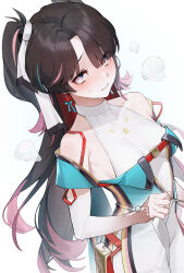  :s absurdres aqua_dress asymmetrical_bangs azusa_hina bare_shoulders black_hair blush bodystocking breasts breasts_apart chinese_commentary colored_tips commentary covered_collarbone curtained_hair detached_sleeves dress elbow_sleeve female gradient_clothes gradient_dress hair_ribbon highres looking_at_viewer looking_up medium_breasts multicolored_hair no_eyewear pink_eyes puff_of_air raised_eyebrows ribbon ribbon_earrings sideways_glance simple_background solo streaked_hair sweat two-tone_dress two_side_up upper_body wavy_mouth weibo_logo weibo_watermark white_background white_dress white_ribbon wuthering_waves zhezhi_(wuthering_waves) 