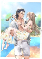  1boy aerith_gainsborough aerith_gainsborough_(citric_dress) alternate_costume bare_shoulders barefoot black_hair blue_eyes blue_sky blurry blurry_background blush border bracelet brown_hair carrying closed_eyes closed_mouth cloud cloudy_sky collarbone commentary couple cowboy_shot cup dress drink earrings facing_another feet female final_fantasy final_fantasy_vii final_fantasy_vii_ever_crisis food-themed_earrings from_side fruit_print full_body grey_shorts hair_between_eyes hair_slicked_back highres holding holding_cup holding_drink holding_footwear holding_unworn_clothes jacket jewelry juice long_hair looking_at_another male_swimwear ninnin5tora official_alternate_costume open_clothes open_jacket open_mouth orange-shaped_earrings orange_juice orange_print outdoors outside_border parted_lips pectorals pool poolside princess_carry print_dress profile see-through see-through_skirt shoes shorts skirt sky smile strapless strapless_dress swim_trunks symbol-only_commentary toned toned_male unworn_shoes water white_border zack_fair 