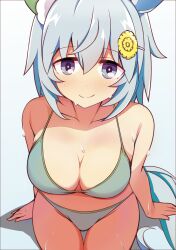  alternate_costume animal_ears bikini blue_eyes blush breasts cleavage closed_mouth commentary_request cowboy_shot ear_covers female grey_hair hair_between_eyes hair_ornament hairclip highres horse_ears horse_girl horse_tail looking_at_viewer medium_breasts seiun_sky_(umamusume) short_hair single_ear_cover sitting smile solo string_bikini swimsuit tail umamusume wahiko_(black_bastard) white_bikini 