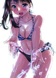  :d absurdres bare_shoulders bikini blue_bikini blush breasts cleavage collarbone commentary_request female gridman_universe highres kentap looking_at_viewer medium_breasts midriff navel open_mouth partial_commentary ponytail simple_background smile solo splashing ssss.gridman striped_bikini striped_clothes swimsuit takarada_rikka white_background 