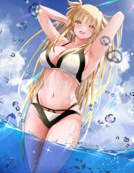  armpits arms_up bikini black_bikini blonde_hair blue_sky breasts cleavage cloud commentary_request day fate_testarossa female highres large_breasts long_hair looking_at_viewer lyrical_nanoha mahou_shoujo_lyrical_nanoha_strikers navel open_mouth outdoors partial_commentary partially_submerged red_eyes sidelocks sky smile solo sougetsu_izuki sparkle standing swimsuit teeth two-tone_bikini upper_teeth_only very_long_hair wading water_drop wet white_bikini 