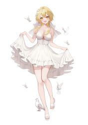  absurdres alternate_costume bird blonde_hair breasts cleavage commentary curtsey dress female full_body genshin_impact hair_flaps highres looking_at_viewer lumine_(genshin_impact) medium_breasts open_mouth pigeon sandals short_hair_with_long_locks sidelocks simple_background sleeveless sleeveless_dress smile solo standing strapless strapless_dress white_background white_dress white_footwear yellow_eyes yuna_(deadawon) 