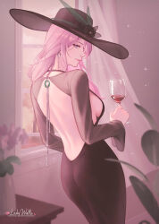  alcohol alternate_costume backless_dress backless_outfit black_dress black_hat blue_eyes breasts closed_mouth commentary cowboy_shot cup curtains dress drinking_glass earrings female from_behind hat highres holding holding_cup honkai:_star_rail honkai_(series) indoors jade_(gemstone) jade_(honkai:_star_rail) jewelry ladywaltz large_breasts large_hat long_hair looking_at_viewer median_furrow purple_hair sideboob signature slit_pupils smile solo very_long_hair window wine 