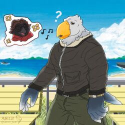  2023 absurd_res accipitrid accipitriform animal_crossing anthro apollo_(animal_crossing) avian bird boardwalk bottomwear citrine_lion clock clothed clothing corvid corvus_(genus) crow duo eagle hi_res jacket looking_at_viewer male male/male mountain nintendo oscine outside pants passerine question_mark sea strip_meme topwear walking watch water whistling wristwatch 