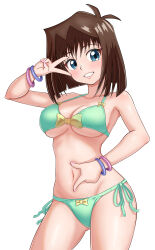  absurdres antenna_hair aqua_bikini bikini blue_eyes bracelet breasts brown_hair commentary_request commission contrapposto female grin hair_intakes highres jewelry large_breasts maho_(corotonton5150) mazaki_anzu navel short_hair side-tie_bikini_bottom simple_background smile solo swimsuit v_over_eye variant_set white_background yu-gi-oh! 