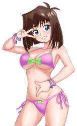  absurdres antenna_hair bikini blue_eyes bracelet breasts brown_hair commentary_request commission contrapposto female grin hair_intakes highres jewelry large_breasts maho_(corotonton5150) mazaki_anzu navel pink_bikini short_hair side-tie_bikini_bottom simple_background smile solo swimsuit v_over_eye white_background yu-gi-oh! 