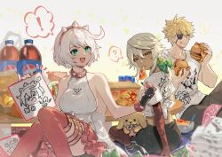  1boy 2girls alternate_costume bare_shoulders blonde_hair blue_eyes breasts burger canine dark-skinned_female dark_skin dated dress eating elphelt_valentine food grey_hair guilty_gear guilty_gear_strive holding holding_burger holding_food large_breasts long_hair marker mouth_hold multiple_girls pepsi pizza ramlethal_valentine shikishi_(object) shirt short_hair sideboob sin_kiske tied_shirt twitter_username white_dress white_hair white_shirt yellow_eyes youmicitrustea 