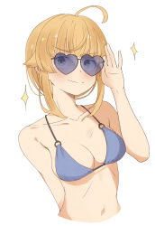  absurdres adjusting_eyewear ahoge armpit_crease bare_shoulders bikini blonde_hair blue_bikini blush breasts closed_mouth collarbone cropped_torso female green_eyes heart heart-shaped_eyewear highres medium_breasts mushoku_tensei navel norn_greyrat root_(1732050807point) short_hair simple_background solo star_(symbol) stomach sunglasses swimsuit white_background 