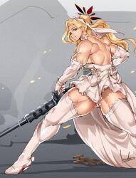  akemi_(blue_archive) back blonde_hair blue_archive bowalia browning_m2 dress elbow_gloves female glaze_artifacts gloves grey_eyes gun heavy_machine_gun high_heels long_hair machine_gun muscular muscular_female shell_casing solo thick_thighs thighhighs thighs weapon wedding_dress 