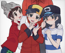  4boys :d arm_hug backwards_hat ball_guy baseball_cap beanie black_hair black_hat blush brown_eyes brown_hair closed_mouth collared_shirt colored_skin commentary_request elio_(pokemon) ethan_(pokemon) grey_eyes grey_hat hand_on_another&#039;s_shoulder hands_up hat head_out_of_frame head_tilt height_difference highres holding holding_poke_ball jacket long_sleeves male_focus medium_hair multiple_boys open_mouth poke_ball poke_ball_(basic) pokemon pokemon_hgss pokemon_sm pokemon_swsh red_jacket red_shirt sana_(37pisana) shirt short_hair short_sleeves simple_background smile striped_clothes striped_shirt sweatdrop t-shirt victor_(pokemon) white_background white_skin 