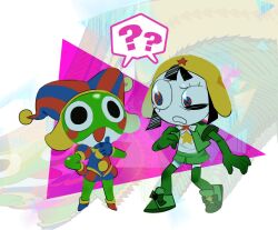  alternate_costume ambiguous_gender amphibian anthro clothed clothing clothing_swap cosplay crossover crossover_cosplay duo female fool&#039;s_hat glitch_productions hat headgear headwear hi_res human keronian keroro keroro_gunsou mammal open_mouth pomni_(tadc) the_amazing_digital_circus toothpaste_dd 