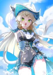  arm_up armpit_cutout black_gloves blonde_hair blue_sky cat_girl cat_tail clothing_cutout corset cowboy_shot detached_sleeves from_below genshin_impact gloves green_eyes hand_up hat highres kirara_(genshin_impact) kirara_(phantom_in_boots)_(genshin_impact) mottari_(mottariquestion) multiple_tails nekomata official_alternate_costume open_mouth sky tail thighs two_tails 