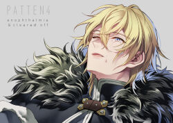  1boy black_fur blonde_hair blue_eyes clasp commentary crying dimitri_alexandre_blaiddyd english_text eye_injury fire_emblem fire_emblem:_three_houses fur_trim hair_between_eyes high_collar highres injury kkuonn19 looking_up male_focus open_mouth simple_background solo streaming_tears tears upper_body 