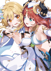  2girls aqua_eyes armpits asymmetrical_docking blonde_hair blue_gemstone blush breast_press breasts brown_eyes cleavage crop_top detached_sleeves dress fake_horns finger_in_own_mouth gem genshin_impact hand_on_another&#039;s_waist highres horns jewelry kitahara_tomoe_(kitahara_koubou) lumine_(genshin_impact) medium_breasts midriff multiple_girls navel nilou_(genshin_impact) open_mouth red_hair simple_background sleeveless sleeveless_dress twitter_username white_background white_dress yuri 