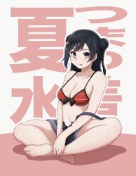  :p barefoot bikini black_hair blue_shorts breasts cleavage collarbone commentary_request double_bun female furrowed_brow grey_eyes hair_bun highres indian_style koukoutou_(seikoutoutei) long_hair looking_at_viewer love_live! love_live!_nijigasaki_high_school_idol_club love_live!_school_idol_festival_all_stars medium_breasts midriff navel official_alternate_costume red_bikini shorts sitting solo swimsuit tongue tongue_out translation_request yuki_setsuna_(love_live!) 