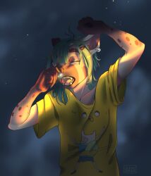  adventure_time aleks_pakaralex anthro cartoon_network clothed clothing digital_media_(artwork) ear_piercing female fur green_hair hair hi_res hyena light lighting mammal night open_mouth outside piercing ring_piercing short_hair simple_background sky solo spotted_hyena teeth tongue white_body yawn 