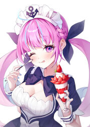  :q anchor_hat_ornament aqua_hair aqua_nails blue_bow blue_bowtie blue_ribbon blush bow bowtie braid breasts cleavage closed_mouth colored_inner_hair commentary cup drill_hair female fingernails food fruit hair_ribbon hat_ornament highres holding holding_cup holding_spoon hololive hwiel large_breasts long_hair looking_at_viewer maid maid_headdress minato_aqua minato_aqua_(1st_costume) mint multicolored_hair nail_polish one_eye_closed parfait pink_eyes pink_hair ribbon simple_background smile solo spoon strawberry streaked_hair tongue tongue_out twin_drills twintails two-tone_hair virtual_youtuber whipped_cream white_background white_bow white_headdress white_wrist_cuffs wrist_cuffs 