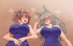  2girls animal_ears brown_hair closed_eyes collarbone commentary competition_school_swimsuit dantsu_flame_(umamusume) ear_covers earrings fukuro_(maruaru00) grey_hair hair_between_eyes heavy_breathing high_ponytail highres horse_ears horse_girl hot jewelry long_hair lying multicolored_hair multiple_girls on_back on_ground perry_steam_(umamusume) school_swimsuit sidelocks single_earring streaked_hair sweat swimsuit umamusume umamusume:_beginning_of_a_new_era upper_body very_sweaty visible_air white_hair 