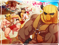  2girls 4boys aqua_eyes barefoot beach beach_towel beach_umbrella bikini blonde_hair bracelet breasts brown_bag brown_hair carrying carrying_person chest_harness commentary_request cooler cross_scar dark-skinned_male dark_skin dragon_quest dragon_quest_builders_2 earrings fake_horns female_builder_(dqb2) finn_(dqb2) fishing_rod flexing floating_clothes floating_hair gillian_(dqb2) hair_pulled_back harness hoop_earrings horned_headwear horned_mask horns jewelry kasiwamoti11 kicking long_hair looking_at_another low_ponytail lying male_focus mask masshimo_(dqb2) miruzu_(dqb2) multiple_boys multiple_girls muscular muscular_male on_stomach open_mouth pointy_ears pulling_another&#039;s_clothes purple_hair red_bikini red_eyes red_loincloth scar scar_on_chest sidoh_(dqb2) silver_earrings small_breasts sparkle spiked_bracelet spikes squatting swimsuit towel translation_request twintails umbrella very_long_hair 