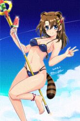  animal_ears barefoot bikini blue_bikini blue_eyes blue_sky breasts brown_hair cleavage cloud contrail female food glaze_artifacts lyrical_nanoha mahou_senki_lyrical_nanoha_force medium_breasts medium_hair multi-strapped_bikini_bottom popsicle raccoon_ears raccoon_tail san-pon schwertkreuz sky smile solo staff standing swimsuit tail v watermelon_bar yagami_hayate 