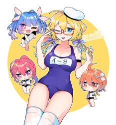  4girls ahoge blonde_hair blue_eyes blue_one-piece_swimsuit breasts chibi eto_(etonomemo1008) glasses hat i-168_(kancolle) i-19_(kancolle) i-58_(kancolle) i-8_(kancolle) kantai_collection large_breasts long_hair low_twintails multiple_girls name_tag one-piece_swimsuit peaked_cap red-framed_eyewear sailor_hat school_swimsuit semi-rimless_eyewear swimsuit thighhighs twintails under-rim_eyewear white_thighhighs 