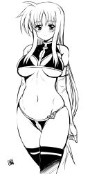  bardiche_(nanoha) bikini blush breasts closed_mouth fate_testarossa female highres kamogawa_tanuki large_breasts long_hair looking_at_viewer lyrical_nanoha mahou_shoujo_lyrical_nanoha_strikers monochrome navel simple_background smile solo swimsuit thighhighs 