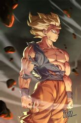  1boy 5002_bus blonde_hair blue_wristband blurry clenched_hands debris depth_of_field dirty dirty_face dougi dragon_ball dragon_ball_z english_commentary floating_clothes floating_hair green_eyes highres looking_to_the_side male_focus muscular muscular_male orange_pants pants pectorals saiyan scratches shirt short_hair signature solo son_goku spiked_hair super_saiyan super_saiyan_1 torn_clothes torn_pants torn_shirt 