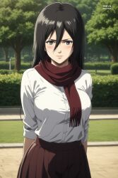  ai_generated aindroidparanoid ass attack_on_titan black_eyes black_hair breasts huge_ass huge_breasts huge_butt large_breasts long_hair mikasa_ackerman narrow_waist park red_scarf scarf school_uniform schoolgirl shingeki_no_kyojin shirt skirt slim_waist stable_diffusion standing straight_hair white_skin 