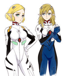  1boy adapted_costume adjusting_clothes ayanami_rei ayanami_rei_(cosplay) blonde_hair bodysuit bracer cosplay female hairpods highres ikari_shinji ikari_shinji_(cosplay) interface_headset link looking_at_another looking_to_the_side multicolored_bodysuit multicolored_clothes neon_genesis_evangelion parody pilot_suit plugsuit pointy_ears princess_zelda simple_background teraichigo the_legend_of_zelda the_legend_of_zelda:_tears_of_the_kingdom white_background white_bodysuit 