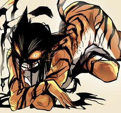  animal_ears black_hair black_nails blood blood_on_mouth breasts claws colored_sclera completely_nude crossed_arms dream_tiger_(govy9807) female highres long_hair lying margare monster_girl nude on_side orange_fur orange_sclera original personification simple_background solo tail teeth tiger_girl tiger_stripes tiger_tail very_long_hair whiskers 